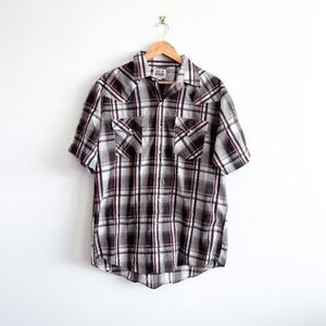 Ely Cattleman Mens Snap Up Western Shirt Short Sleeve Plaid Brown White Large